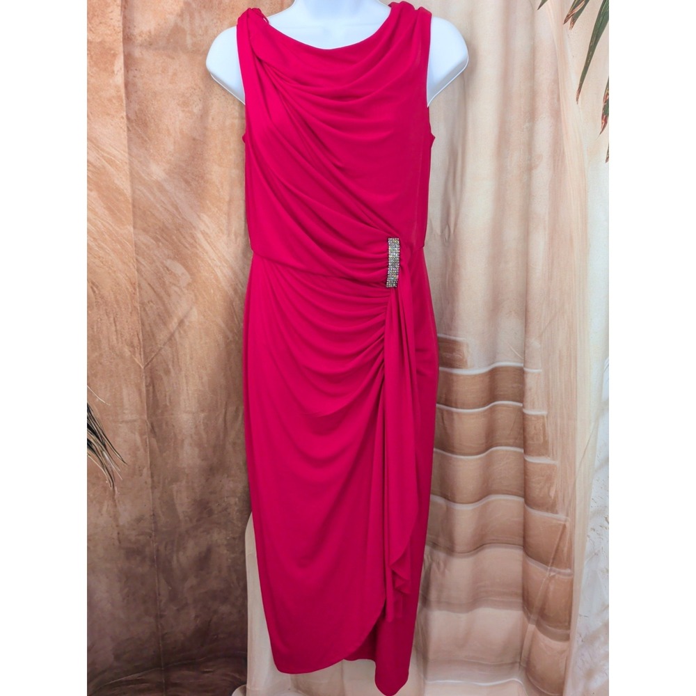 London Times Red Ruched Cocktail Dress Long Sleeve V-Neck